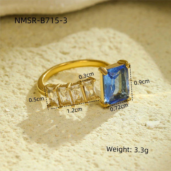 Wholesale Women's Light Luxury Geometric Stainless Steel Electroplated Blue Zircon Ring Set Jewelry