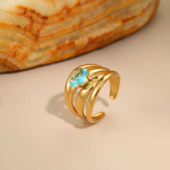 Wholesale Women's Light Luxury Geometric Stainless Steel Electroplated Blue Zircon Ring Set Jewelry