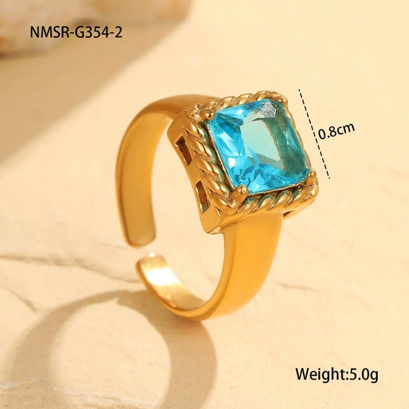 Wholesale Women's Light Luxury Geometric Stainless Steel Electroplated Blue Zircon Ring Set Jewelry