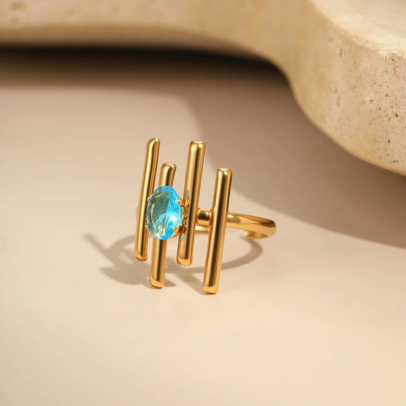 Wholesale Women's Light Luxury Geometric Stainless Steel Electroplated Blue Zircon Ring Set Jewelry