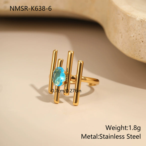 Wholesale Women's Light Luxury Geometric Stainless Steel Electroplated Blue Zircon Ring Set Jewelry
