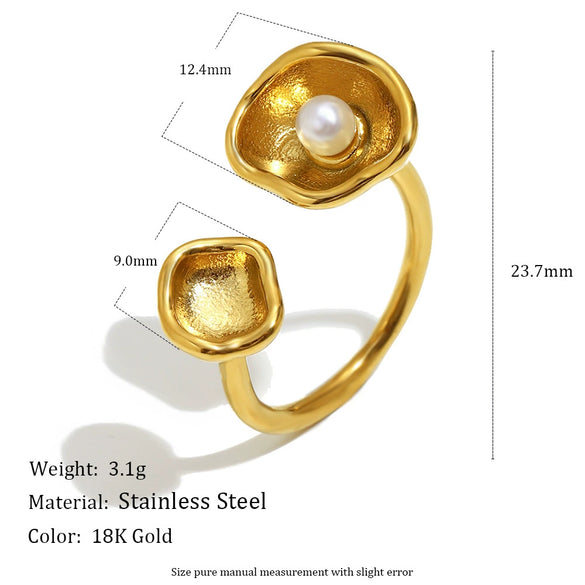 Wholesale Women's Light Luxury Geometric Stainless Steel Electroplated Clam Shell Pearl Open Ring Hand Jewelry