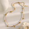 Wholesale Women's Light Luxury Geometric Stainless Steel Electroplated 18K Gold Imitation Pearl Ball Double Chain Necklace
