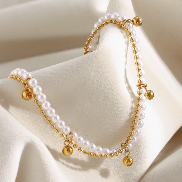Wholesale Women's Light Luxury Geometric Stainless Steel Electroplated 18K Gold Imitation Pearl Ball Double Chain Necklace