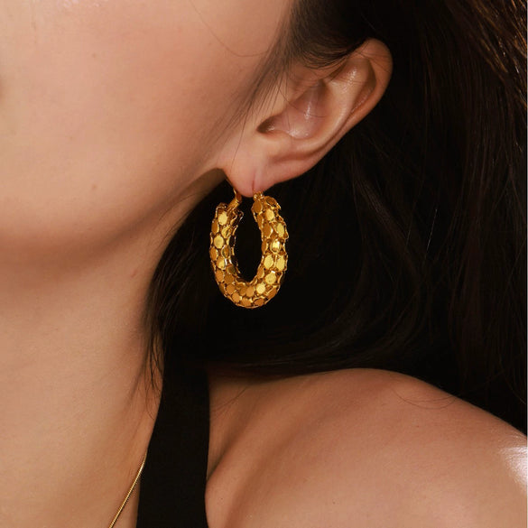 Wholesale Women's Light Luxury Geometric Stainless Steel Electroplated 18K Gold Plated Scale Earrings And Card Ring