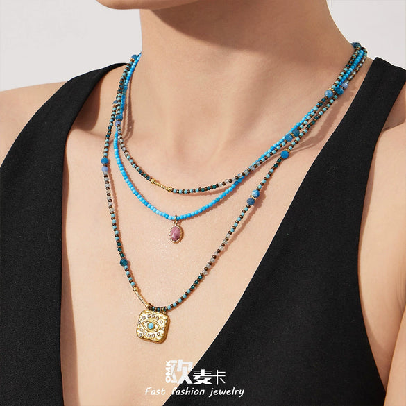 Wholesale Women's Light Luxury Geometric Stainless Steel Electroplated Layered Necklaces With Evil Eye Pendants