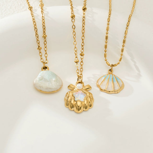 Wholesale Women's Light Luxury Geometric Stainless Steel Electroplated Oildrip Shell Pendant Necklace With Resin Beads And Tassels Layered Clavicle Chain Set