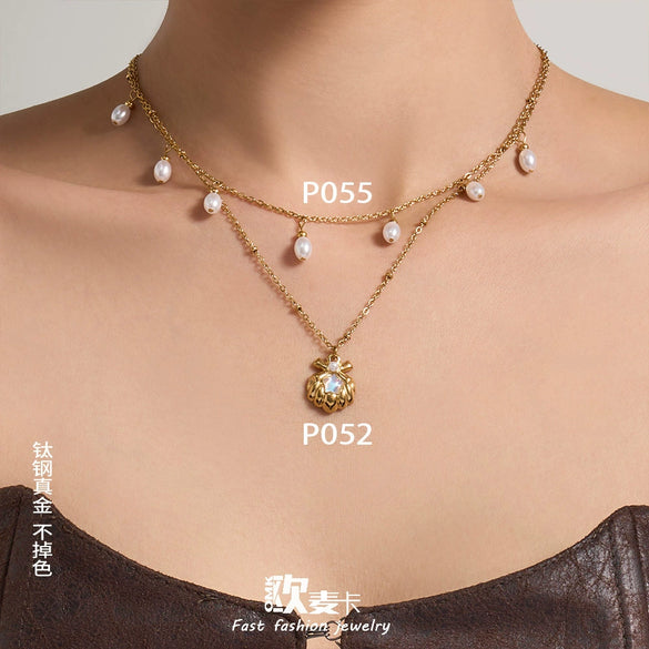 Wholesale Women's Light Luxury Geometric Stainless Steel Electroplated Oildrip Shell Pendant Necklace With Resin Beads And Tassels Layered Clavicle Chain Set