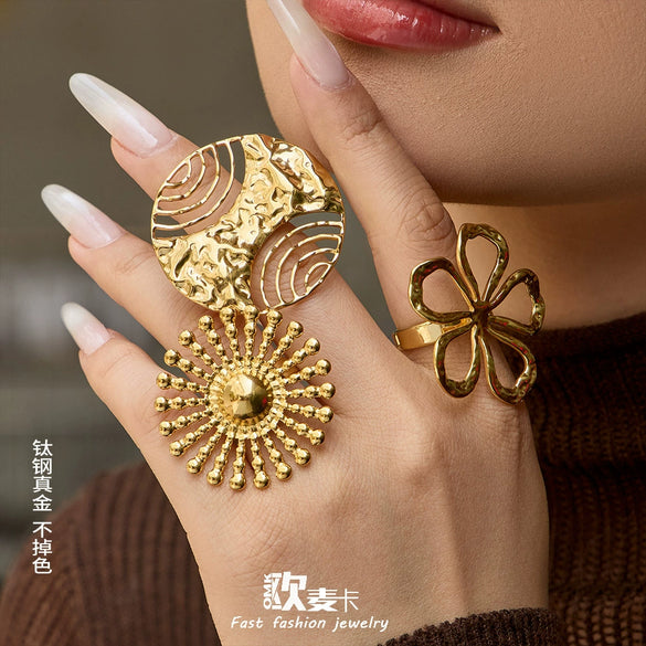 Wholesale Women's Light Luxury Geometric Stainless Steel Electroplated Open Ring Set