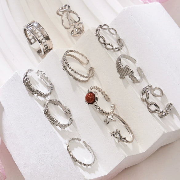 Wholesale Women's Light Luxury Geometric Stainless Steel Electroplated Open Rings Set Accessories