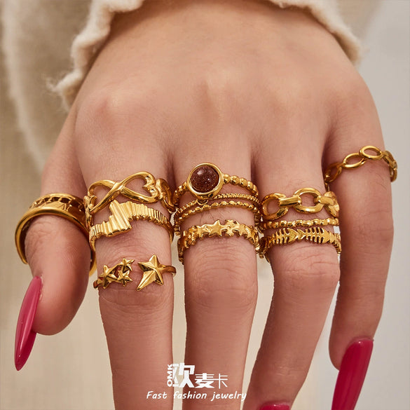 Wholesale Women's Light Luxury Geometric Stainless Steel Electroplated Open Rings Set Accessories