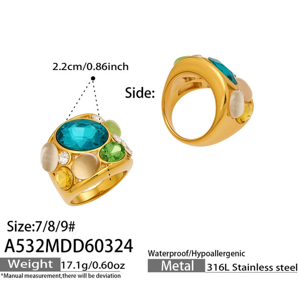 Wholesale Women's Light Luxury Geometric Stainless Steel Electroplated Ring Set With Natural Cat's Eye Stone