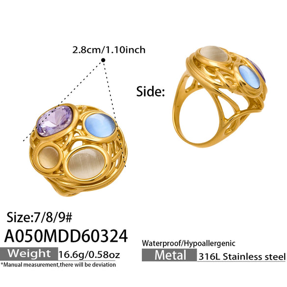 Wholesale Women's Light Luxury Geometric Stainless Steel Electroplated Ring Set With Natural Cat's Eye Stone