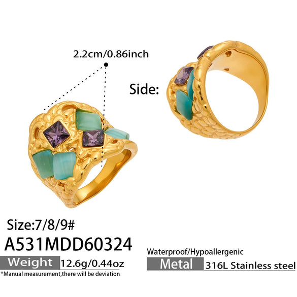 Wholesale Women's Light Luxury Geometric Stainless Steel Electroplated Ring Set With Natural Cat's Eye Stone