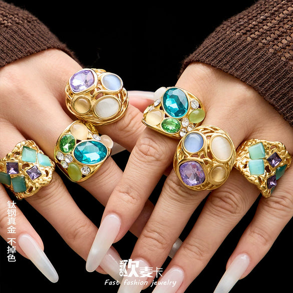 Wholesale Women's Light Luxury Geometric Stainless Steel Electroplated Ring Set With Natural Cat's Eye Stone
