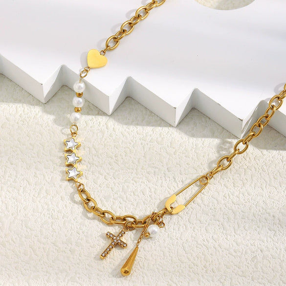 Wholesale Women's Light Luxury Geometric Stainless Steel Electroplated Tassel Cross Necklace