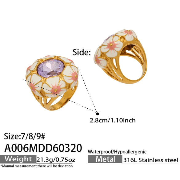 Wholesale Women's Light Luxury Geometric Stainless Steel Enamel Ring Set With 18K Gold Electroplating