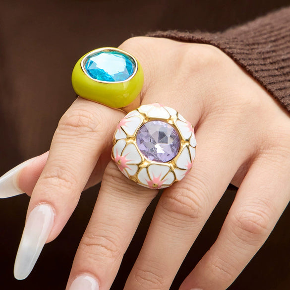 Wholesale Women's Light Luxury Geometric Stainless Steel Enamel Ring Set With 18K Gold Electroplating