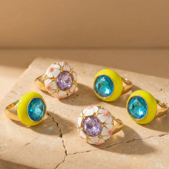 Wholesale Women's Light Luxury Geometric Stainless Steel Enamel Ring Set With 18K Gold Electroplating