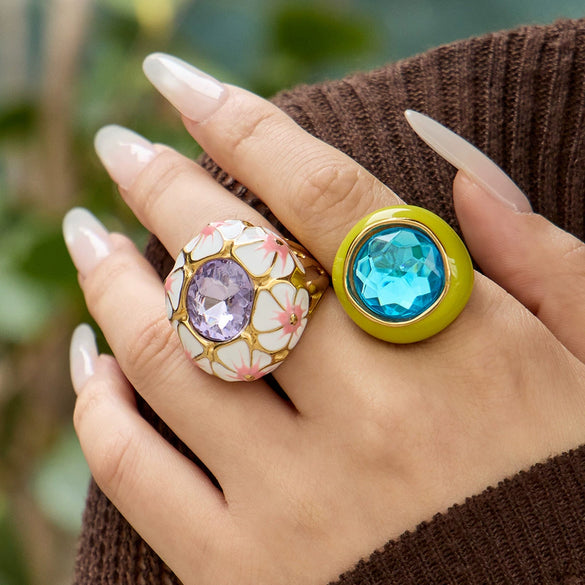 Wholesale Women's Light Luxury Geometric Stainless Steel Enamel Ring Set With 18K Gold Electroplating