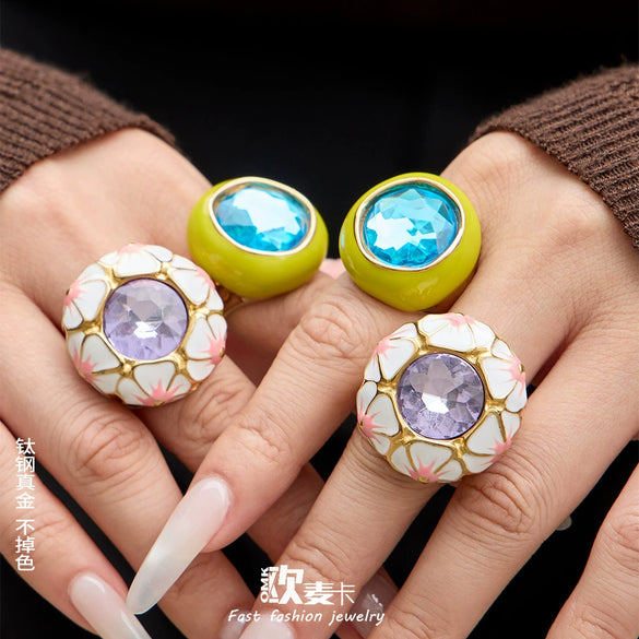 Wholesale Women's Light Luxury Geometric Stainless Steel Enamel Ring Set With 18K Gold Electroplating