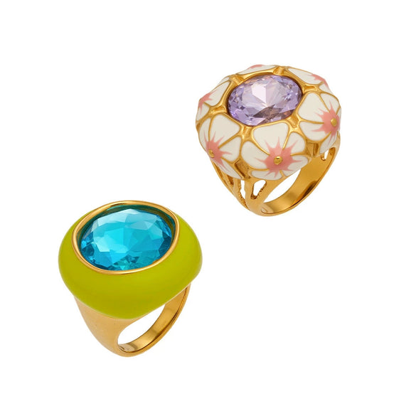 Wholesale Women's Light Luxury Geometric Stainless Steel Enamel Ring Set With 18K Gold Electroplating