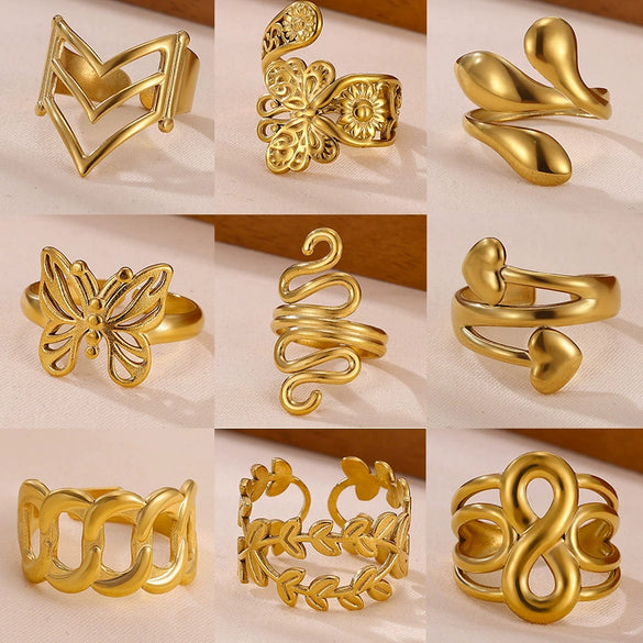 Wholesale Women's Light Luxury Geometric Stainless Steel Goldinlaid Heartshaped And Fruitshaped Hollow Rings