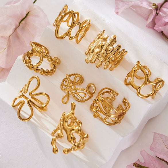 Wholesale Women's Light Luxury Geometric Stainless Steel Goldplated Open Ring Set
