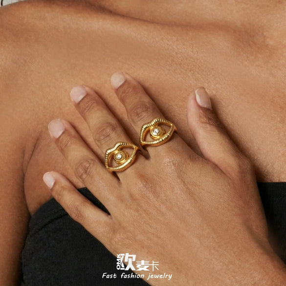 Wholesale Women's Light Luxury Geometric Stainless Steel Goldplated Openended Ring With Lips And Eyes Inlaid With Zircon Accessories