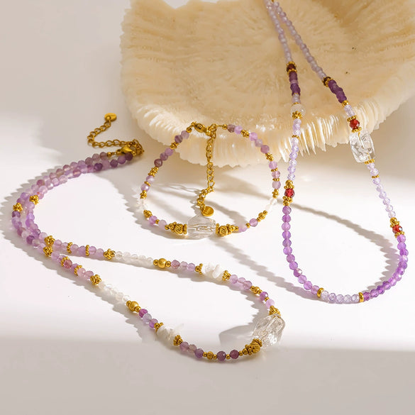 Wholesale Women's Light Luxury Geometric Stainless Steel Handmade Beaded Necklace And Bracelet Set