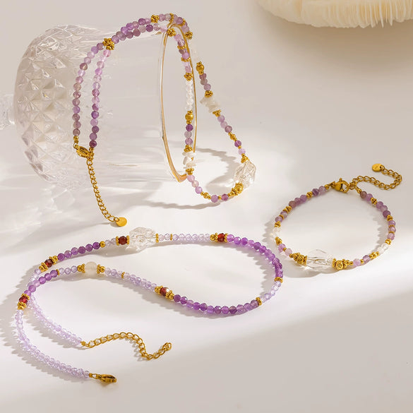 Wholesale Women's Light Luxury Geometric Stainless Steel Handmade Beaded Necklace And Bracelet Set