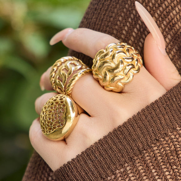 Wholesale Women's Light Luxury Geometric Stainless Steel Hollow Spherical Index Finger Ring Set 18K Gold Plated