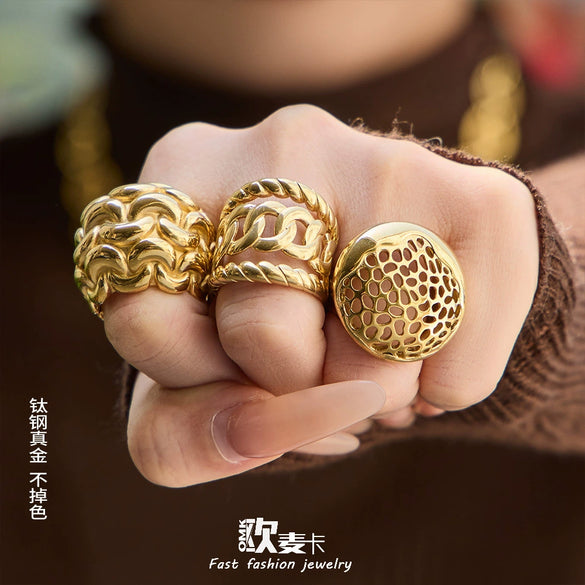 Wholesale Women's Light Luxury Geometric Stainless Steel Hollow Spherical Index Finger Ring Set 18K Gold Plated