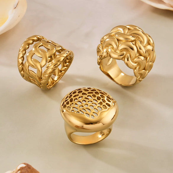 Wholesale Women's Light Luxury Geometric Stainless Steel Hollow Spherical Index Finger Ring Set 18K Gold Plated