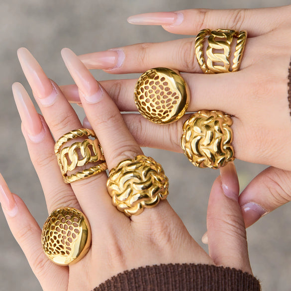 Wholesale Women's Light Luxury Geometric Stainless Steel Hollow Spherical Index Finger Ring Set 18K Gold Plated