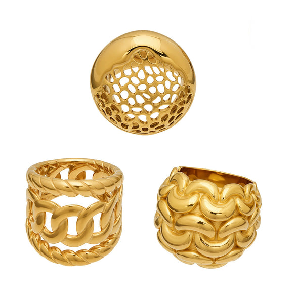 Wholesale Women's Light Luxury Geometric Stainless Steel Hollow Spherical Index Finger Ring Set 18K Gold Plated