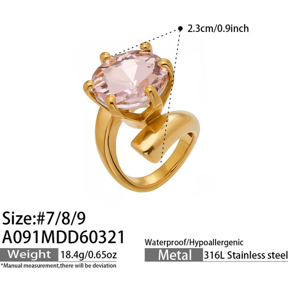 Wholesale Women's Light Luxury Geometric Stainless Steel 18K Gold Plated Colorpreserving Clawset Single Zircon Ring