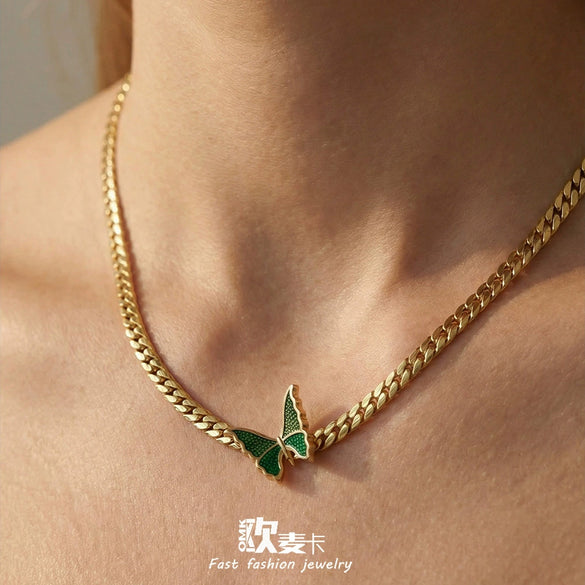 Wholesale Women's Light Luxury Geometric Stainless Steel 18K Gold Plated Enamel Butterfly Necklace