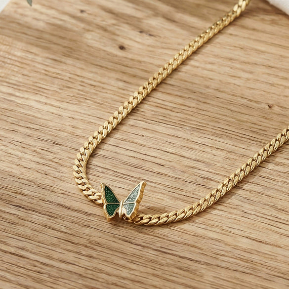 Wholesale Women's Light Luxury Geometric Stainless Steel 18K Gold Plated Enamel Butterfly Necklace