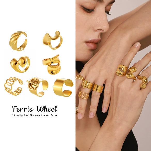 Wholesale Women's Light Luxury Geometric Stainless Steel 18K Gold Plated Ferris Wheel Ring