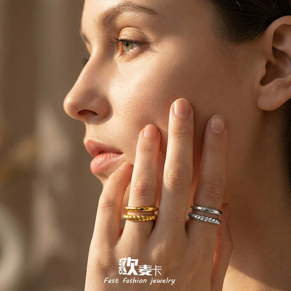 Wholesale Women's Light Luxury Geometric Stainless Steel 18K Gold Plated Open Ring