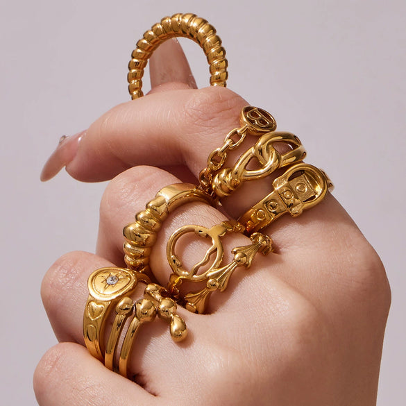 Wholesale Women's Light Luxury Geometric Stainless Steel 18K Gold Plated Ring Set Fashionable Jewelry Accessories