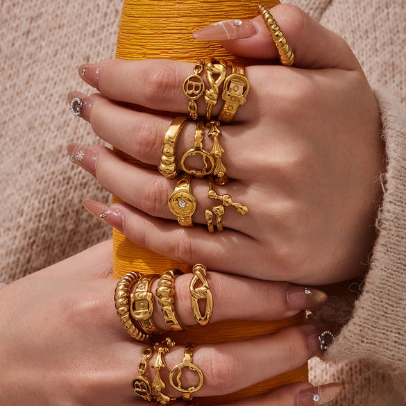 Wholesale Women's Light Luxury Geometric Stainless Steel 18K Gold Plated Ring Set Fashionable Jewelry Accessories