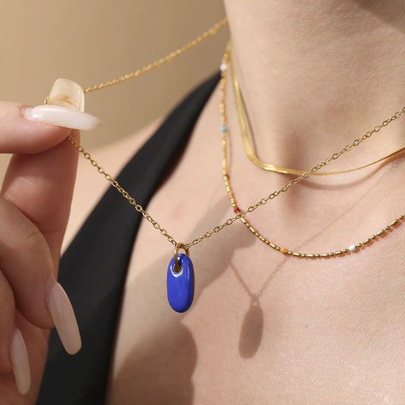 Wholesale Women's Light Luxury Geometric Stainless Steel Oval Pendant Necklace With Electroplating And Colorretaining Glaze