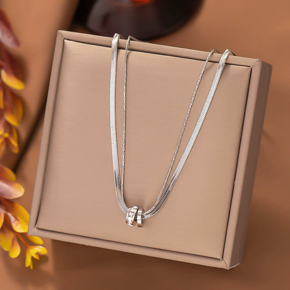 Wholesale Women's Light Luxury Geometric Stainless Steel Polished Plating Doublecircle Zirconinlaid Doublering Pendant Doublelayer Snake Bone Necklace