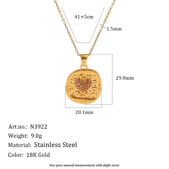 Wholesale Women's Light Luxury Geometric Stainless Steel Pvd Furnace Vacuum Real Gold Plated Hammered Texture Square Pink Diamond Heart Pendant Necklace