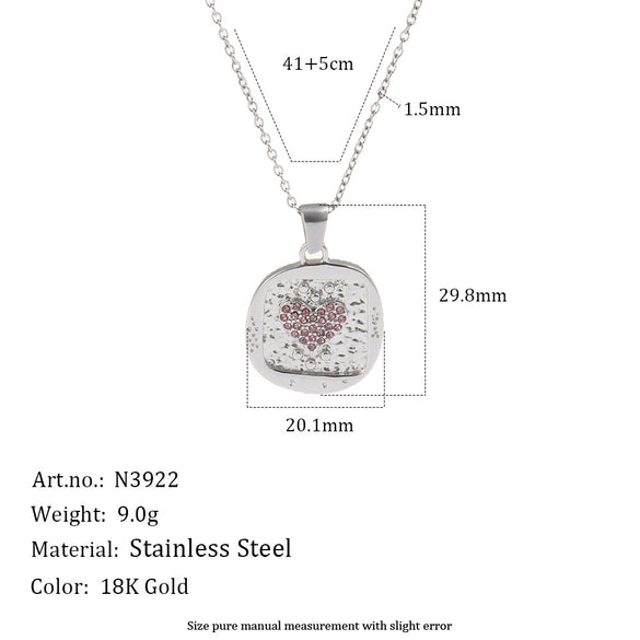 Wholesale Women's Light Luxury Geometric Stainless Steel Pvd Furnace Vacuum Real Gold Plated Hammered Texture Square Pink Diamond Heart Pendant Necklace