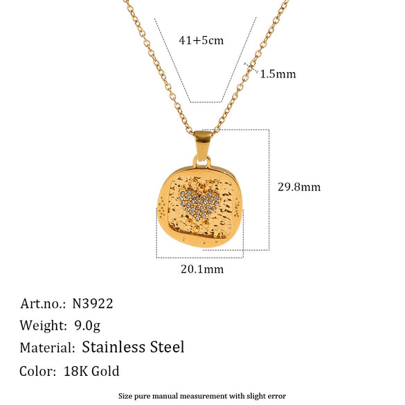 Wholesale Women's Light Luxury Geometric Stainless Steel Pvd Furnace Vacuum Real Gold Plated Hammered Texture Square Pink Diamond Heart Pendant Necklace