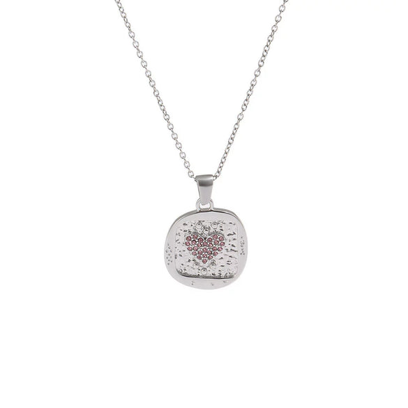 Wholesale Women's Light Luxury Geometric Stainless Steel Pvd Furnace Vacuum Real Gold Plated Hammered Texture Square Pink Diamond Heart Pendant Necklace