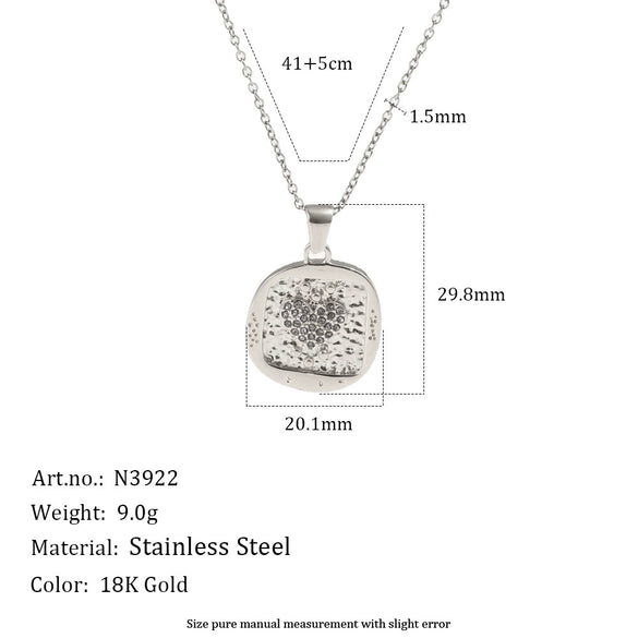 Wholesale Women's Light Luxury Geometric Stainless Steel Pvd Furnace Vacuum Real Gold Plated Hammered Texture Square Pink Diamond Heart Pendant Necklace